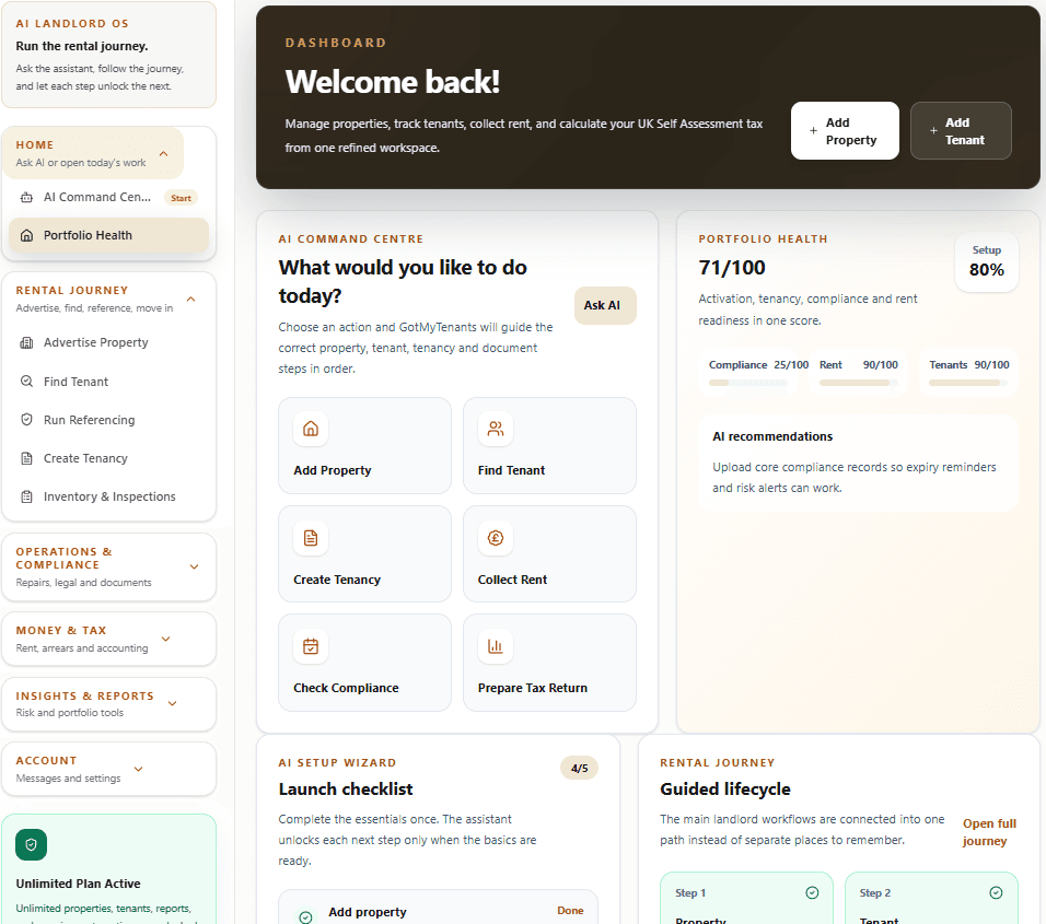 GotMyTenants landlord dashboard showing rent, tenants, compliance and finances